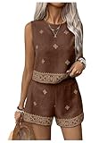GORGLITTER Women's Co Ord Sets for Women UK Striped Crewneck Tank Top and Shorts 2 Piece Lounge Wear Travel Outfit Holiday Clothes Brown M
