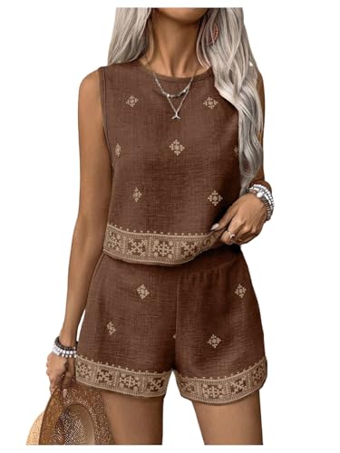 GORGLITTER Women's Co Ord Sets for Women UK Striped Crewneck Tank Top and Shorts 2 Piece Lounge Wear Travel Outfit Holiday Clothes Brown M