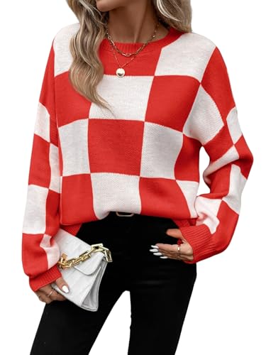 Image of SHENHE Women's Checkered Color Block Oversized Sweater Plaid Crew Neck Drop Shoulder Pullovers