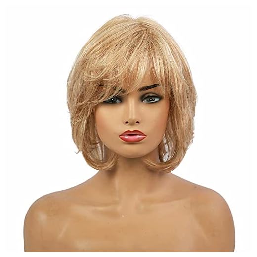 Mänsklig hårblandning peruk medellängd lockig med lugg blond fest kvinnor capless dam medium buurn/leach blond beige blond/läckad blond 25,4 cm