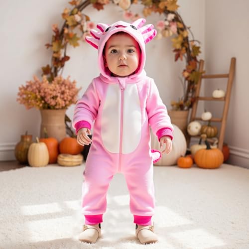 Infant Baby Girl Pink Dinosaur Clothes Axolotl Long Sleeve Zip Up Furry Hooded Romper Jumpsuit Outfits2