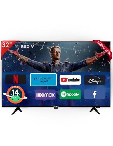 Listado de smart tv vios 32 al mejor precio. 45 Red V Televisión 32 Pulgadas Smart TV Android 14 HD - Pantalla LED, Resolución 720p, Acceso a Apps de Streaming, Conectividad WiFi, Puertos HDMI y USB, Dolby Audio, Bisel Delgado