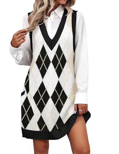 Zeagoo Women Sweater Vest Dress Pattern Knit Pullovers Sweaters V Neck Sweater Dress with Pockets Fall Knitwear, Black Argyle XL
