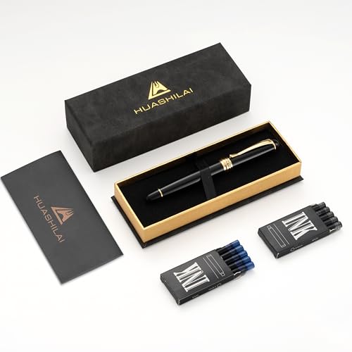 Image of HUASHILAI Luxury Fountain Pen Set - 46 g Metal Calligraphy Pen with Gift Box, 2 Ink Cartridge Sets (Black & Blue), Flex Nib Writing Pen for Beginners and Professionals (Black)