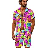 Artsadd 2 Piece Neon Outfit Men Hawaiian Shirts and Shorts Button Down 90s Costume Tracksuit Set 80s Neon Shirt Beach Party Outfit L