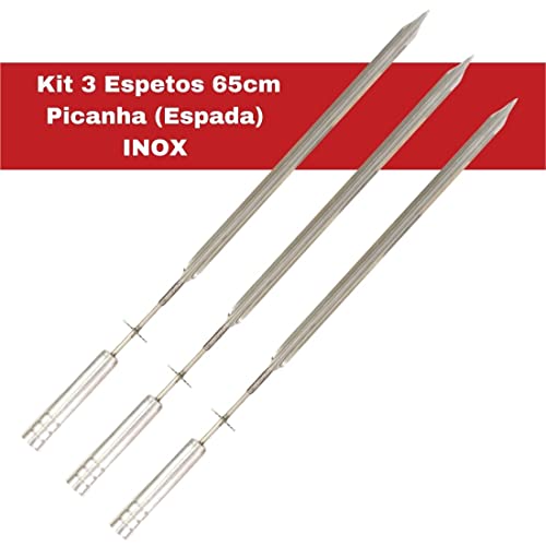 Kit 3 Espetos Espada Giratório 65cm Inox Churrasqueira Grill