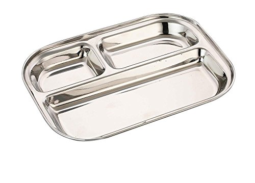 Image of EXPRESSO - Heavy Duty Stainless Steel Rectangle Dinner Plate w /3 Sections Divided Mess Plate /Thali /Bhojan Thali /Mess Tray /Dinner Plate | Plates for Lunch /Dinner Bhojan Plates Set of 2 Pcs
