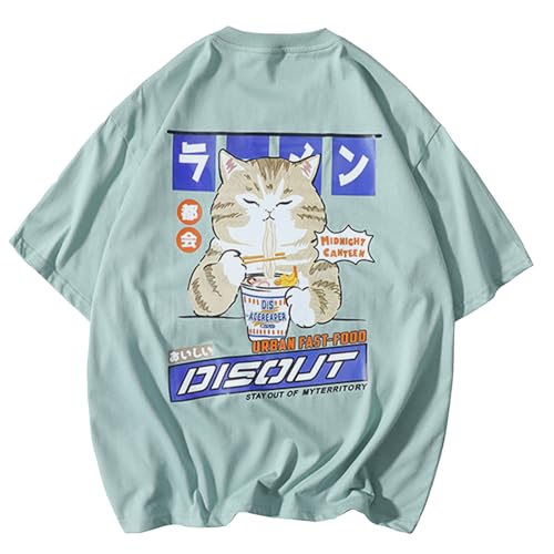 Aelfric Eden Mens Oversized Ramen Cat Graphic Tees Streetwear Casual Summer Tops T-Shirt Unisex Green M