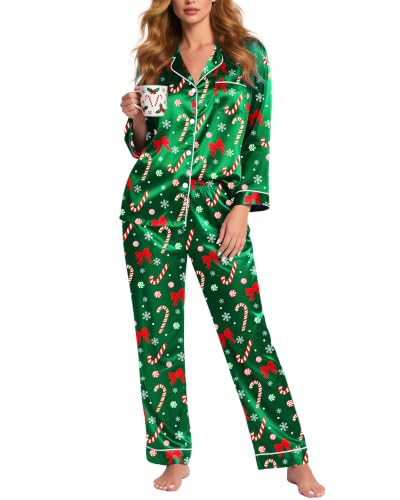 Image of Silky Pajamas for Women 2 Piece Long Sleeve Pj Sets Women's Satin Sleepwear Button Down Loungewear Set