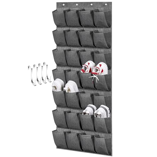 MISSLO 28 Große Taschen über der Tür Schuh-Organizer mit 4 Haken hänge organizer für unterschiedlich breite Türen, hängender schuhaufbewahrung für Schrank schuhhalter Herren, Grau