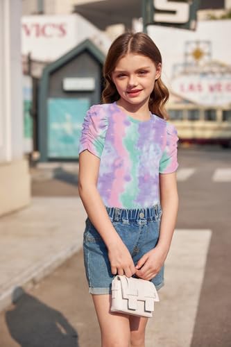 Image of Arshiner Girls Puff Short Sleeve Shirts Summer Ribbed Knit Crewneck T Shirt Tops Tee Blouse