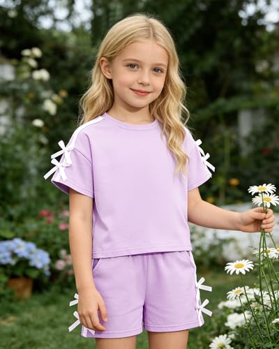 SOLOYEE Girl Clothes Size 7T 8T Girls Summer Outfits White Bows Short Sleeved Top + Shorts Cute 2 Piece Clothing Set for Little Girls (Purple, 7-8 Years) — view 2