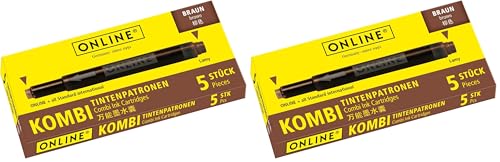 Online,17057/12 Double-Sided Pen Ink cartridges, Universal Pen Refills, Compatible with All Common Fountain pens, Even Lamy pens - 5 Spare cartridges - Colour Brown (Pack of 2)