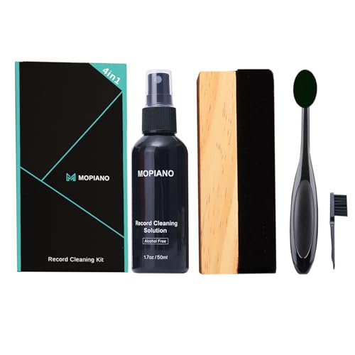 Kit de nettoyage de disques Mopiano | Nettoyant vinyle complet 4-en-1 pour albums | Comprend une brosse en velours doux pour disques vinyles, un liquide...