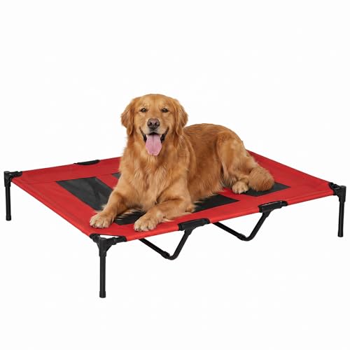 PawHut Lettino per Cani di Taglia XX-Grande Fino a 50kg max Rialzato con Borsa da Viaggio e Piedini Antiscivolo, Brandina per Cani e Gatti in Metallo e Tessuto Oxford, 122x92x23 cm, Rosso