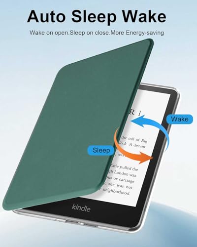 جراب حماية جلد بتصميم رفيع وشفاف مضاد للصدمات بخاصية النوم والتنشيط التلقائي لجهاز القراءة Kindle بيبر وايت الجيل 12 إصدار 2024 مقاس 7 بوصة وKindle كولورسوفت سيجنتشر من تي تيرسيلي، لون أخضر