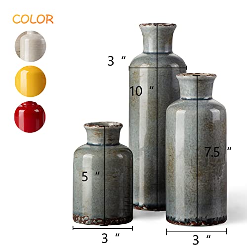 Cwlwgo- Ceramic Rustic Vintage Vase, Boho Vases For Room Décor, 3 Piece Set Of Glazed Decorative Vase Table Décor,Cottagecore Décor. (Grey Blue) #TOP1