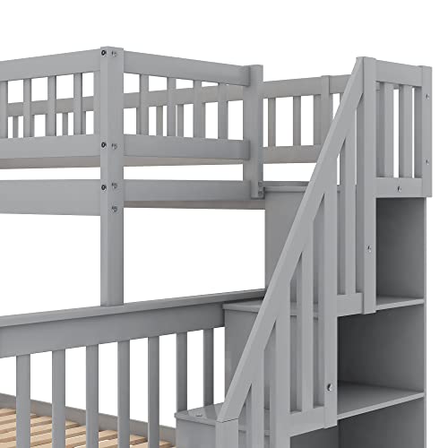 MERITLINE Twin Over Full Bunk Bed with Stairs, Solid Wood Stairway Bunk Bed with Storage and Guard Rail for Kids Teens Adults (Gray)