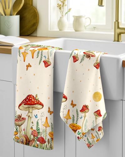 Image of Miss Adola 150GSM Flour Sack Kitchen Towels Set of 2, Mushroom Moon | 18 inchx26 inch, Lightweight, Lint-Free, Pure Cotton, Decorative, with Hanging Loop, Absorbent, Softer after Wash, Giftable Package