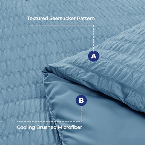 Image of HYMOKEGE Mineral Blue Oversized King Comforter Set Seersucker 7 Pieces, All Season Luxury Bed in a Bag for Bedroom, Bedding Set with Comforter, Sheets, Pillowcases & Shams
