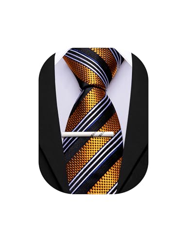 Image of Barry.Wang Silk Men Ties Formal Stripes Necktie and Tie Clip for Wedding Party Business Fashion Classic