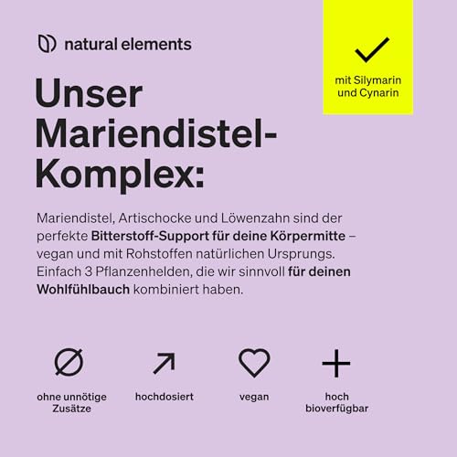 natural elements Mariendistel Artischocke Löwenzahn Komplex - 120 Kapseln - Hochdosiert mit 80% Silymarin - Ohne Magnesiumstearat, vegan und produziert in Deutschland