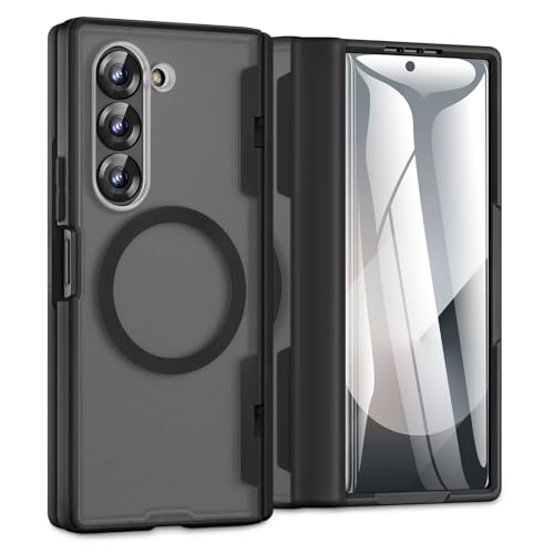 Caka for Samsung Galaxy Z Fold 4 Case [Compatible with Magsafe] [Hinge Protection] [Built-in HD Screen Protector] Translucent Hard Shockproof Magnet Phone Cover for Fold4 - Black