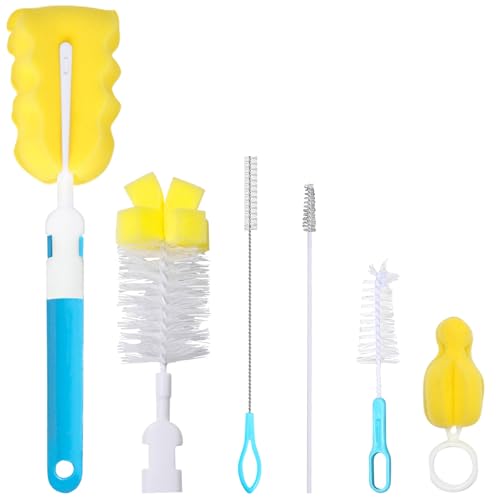Image of Baby Bottle Cleaning Brush 6-Piece Set Detachable Sponge Bottle Brush, Nylon Milk Bottle Brush, 2PCS Nipple Brush, 2PCS Straw Brush (Blue)