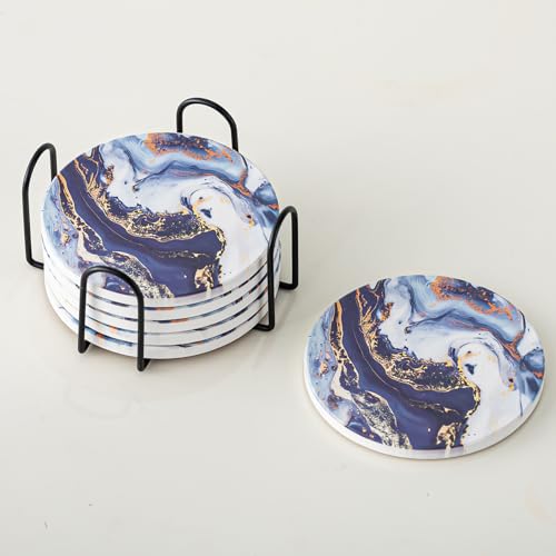 Kedested Sea Blue Marble Ceramic Coasters with Holder