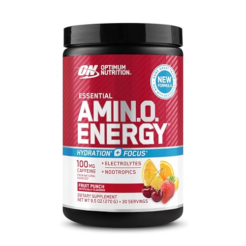 Image of Optimum Nutrition Amino Energy Powder Plus Focus, with BCAA, Electrolytes, and Caffeine, Fruit Punch, 30 Servings (Packaging May Vary)
