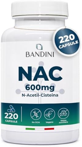 Bandini® NAC N-Acetil-Cisteina 220 Capsule 600mg (+7 Mesi),Precursore del Glutatione, Acetilcisteina 600mg, 1 Capsula al Giorno, Alto Dosaggio di N-Acetilcisteina Aumentata, Integratore 100% Vegano