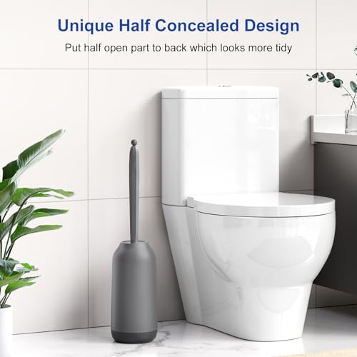 Image of HAMITOR Toilet Bowl Brush Holder Set: Deep Cleaning Silicone Toilet Cleaner Scrubber Under Rim with Curved Bristle for Bathroom Dead Corner Clean - Modern Rv Toilet Decorative Accessories - Gray