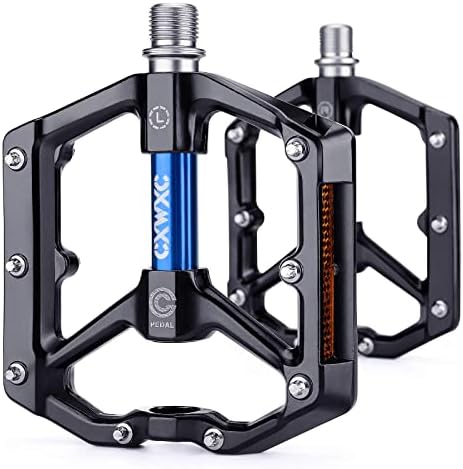 CXWXC Road/MTB Bike Pedals - Aluminum Alloy Bicycle Pedals - Mountain Bike Pedal with Removable Anti-Skid Nails (D:Black-Blue)