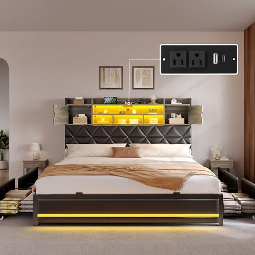 DWVO King Size Bed Frame with RGB LED Lights & Storage Bookcase Headboard, Upholstered Bed with Charging Station and 4 Drawers, No Box Spring Needed, Easy Assembly, Noise-Free, PU Leather Black