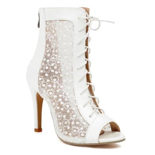 Women's Peep Toe Stilettos High Heeled Sandals Fashion Mesh Lace Up Zip Ladies Dance Dressy Ankle Booties