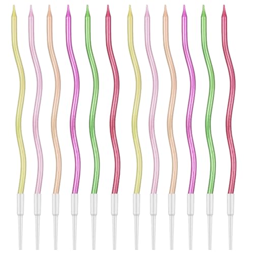 Nivofu 12 Piezas Velas de Tarta de Cumpleaños Espiral, Velas Cupcakes con Funda, Bobina Rizada Larga y Delgada para Cumpleaños, Bodas, Decoración Fiesta - Colorido Metálico