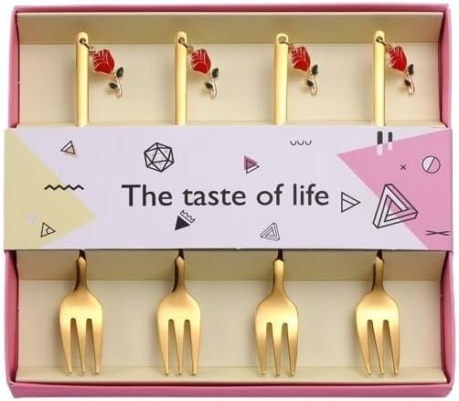 Flatware Silverware Set, 4/16/24/32/40/48pcs Creative Valentine's Day Tableware Rose Pendant Fruit Fork Gift Box Set 304 Stainless Steel Spoon, Tableware Cutlery Set(Gold,6Set-24Pcs)