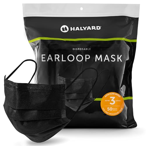 HALYARD Disposable Face Mask with Earloops Fog-Free Pleat Style ASTM LEVEL 3 Procedure Mask Healthcare Medical Dental Black 49514 Bag of 50