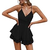 Fixmatti Women Boho Romper Spaghetti Strap V Neck Backless Chiffon Mini Shorts Jumpsuit Playsuit Black M