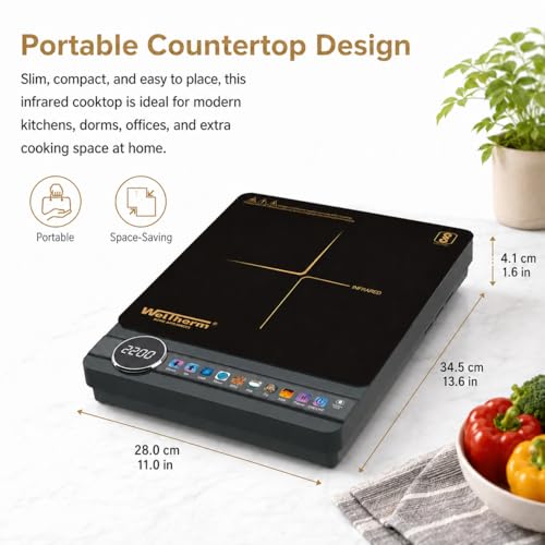 Image of WelTherm 2200W Infrared Cooker with Grill & Premium Color Touch Panel & LED Display | Adjustable Temperature & Power Control | Works with All Cookware | Portable Electric Cooktop | Timer & Child Lock