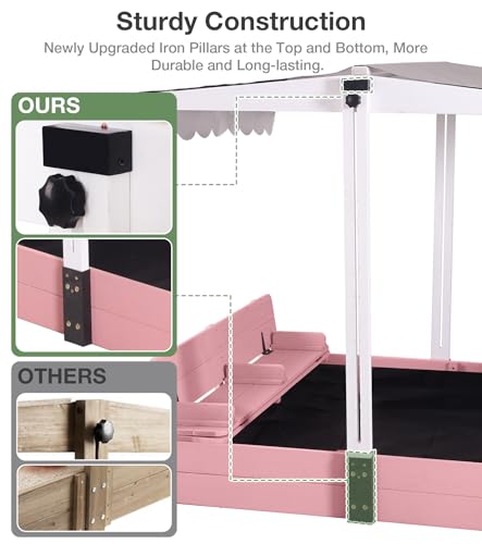 MEDEHOO Sandbox with Lid and Cover, Kids Outdoor Sandbox with 360° Adjustable & Waterproof Canopy, Sand Leak-Proof Liner, Sturdy Backyard Sandbox for Garden/Patio - Pink