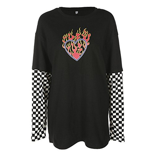 Women Black and White Plaid Checkerboard Long Sleeve Flaming Heart Print T-Shirt (Black 6, L)