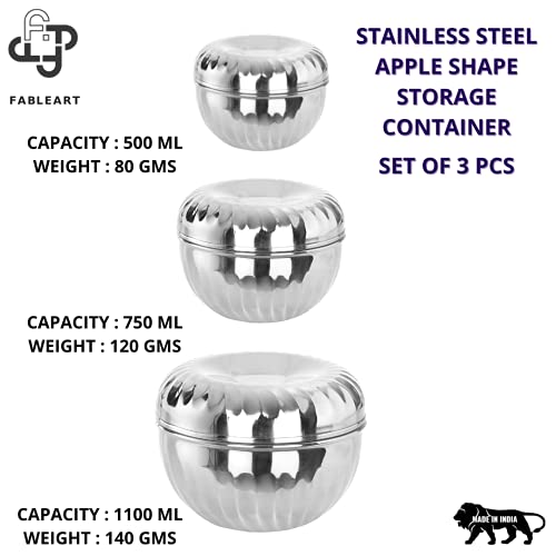 Image of Stainless Steel Stackable Apple Shape Storage Bowl Container Set of 3 Pcs: 500ml, 750ml & 1100ml for Storing & Serving Purposes