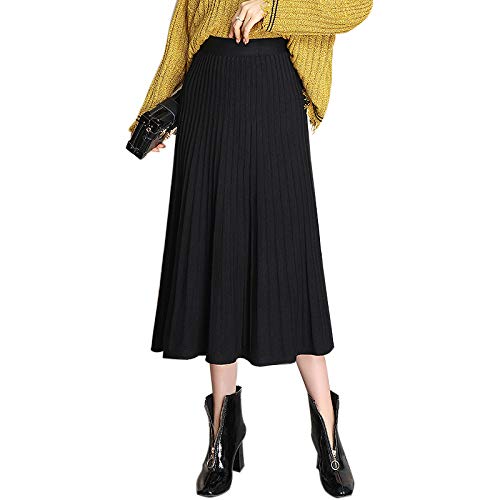 Andoer Saia tricotada feminina cor sólida cintura alta com nervuras plissada linha A primavera outon