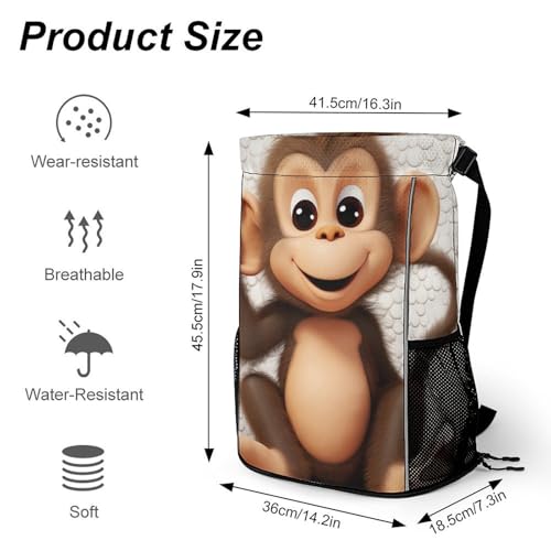 Waterproof Drawstring Gym Backpack with Shoe Compartment & Wet-Proof Pocket - Lightweight 28L Cute Monkey Sports Backpack Travel Workout String Bag for Yoga Swim2