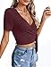 Maroon Womens Crop Top Casual Summer V Neck Tops Unique Slim Short Sleeve Shirts S