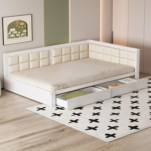 Luxeza Sofá cama de madera de 140 x 200 cm, cama multifunción, respaldo suave, cajones grandes de almacenamiento, somier, cama individual de pino (blanco)