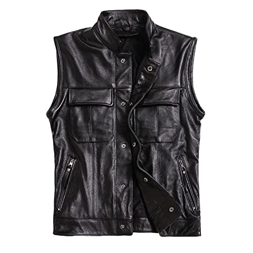 Gilet de moto en cuir homme noir XL : veste de motard sans manches style biker vintage