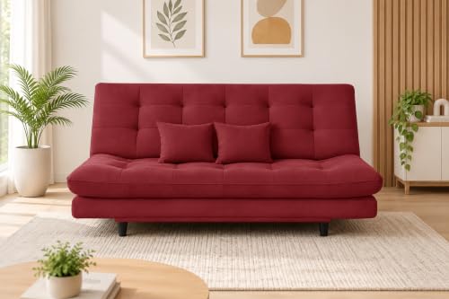 Image of 3-Seater Velvet Sofa Cum Bed | Tufted Convertible Sleeper Sofa | Plush Cushioned Seating | Space-Saving Design for Living Room, Bedroom & Office | Red