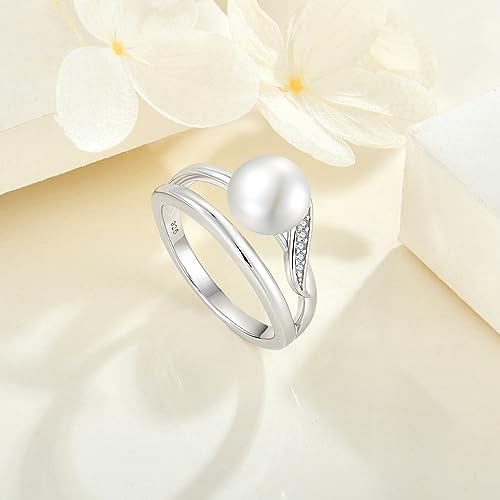 Women's Pearl Ring 925 Sterling Silver Cubic Zirconia Ring with 8mm Natural Freshwater Pearl Statement Ring for Women2